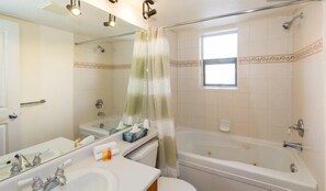 Douche, baignoire à jets, sèche-cheveux, serviettes fournies