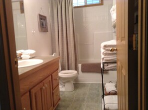 Combined shower/tub, hair dryer, towels, soap