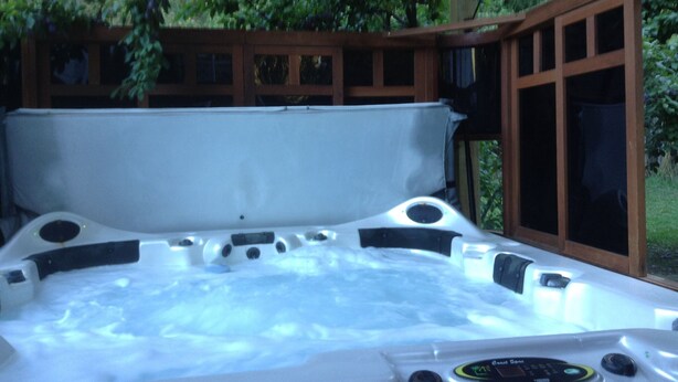Un jacuzzi con terraza de madera y paneles de vidrio, rodeado de vegetación.