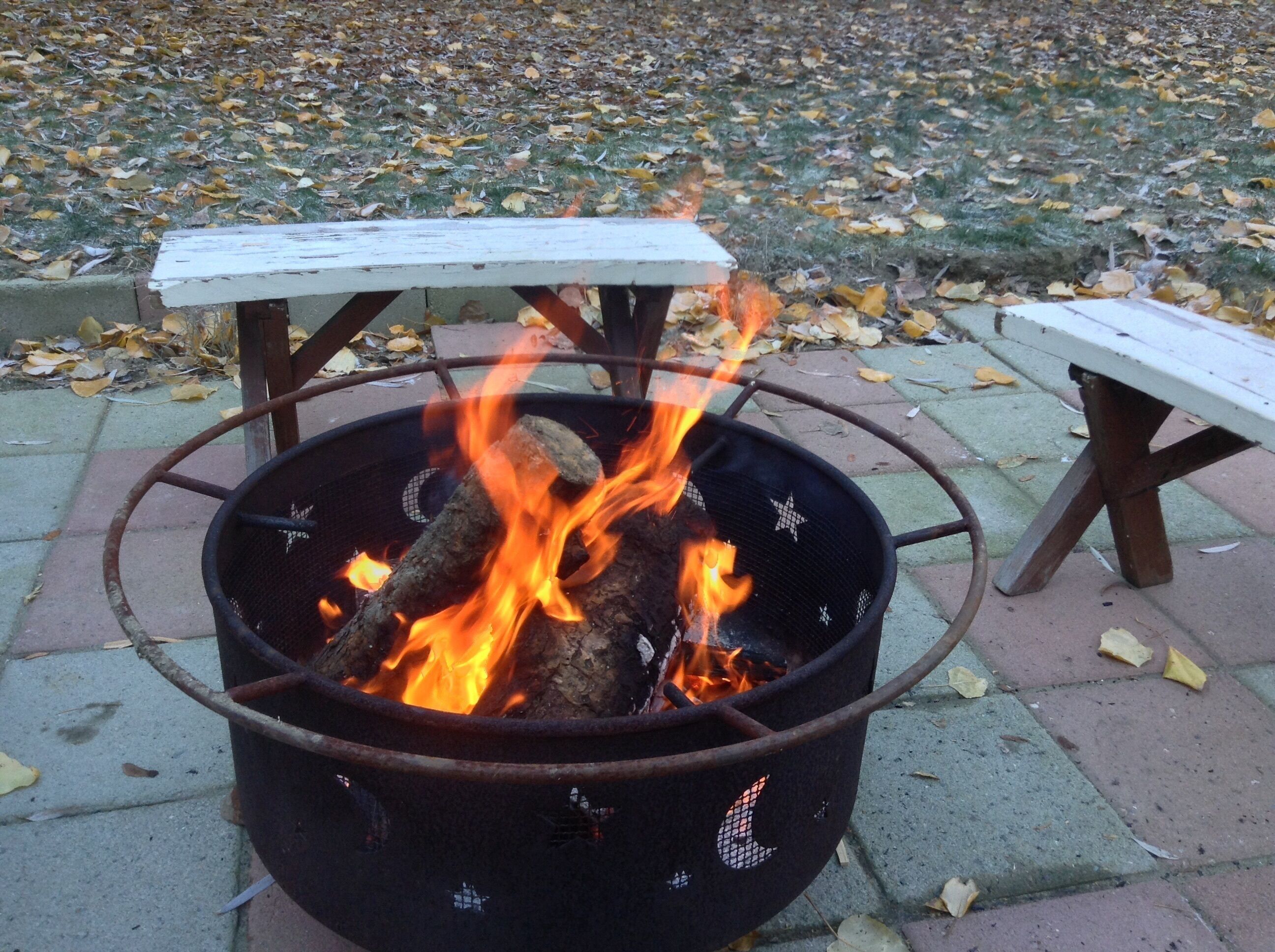 A metal fire pit with logs burning, surrounded by a paved area with fallen leaves.