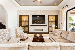 Smart TV, fireplace, video games, DVD player