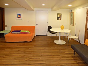Smart TV, fireplace, DVD player, video library