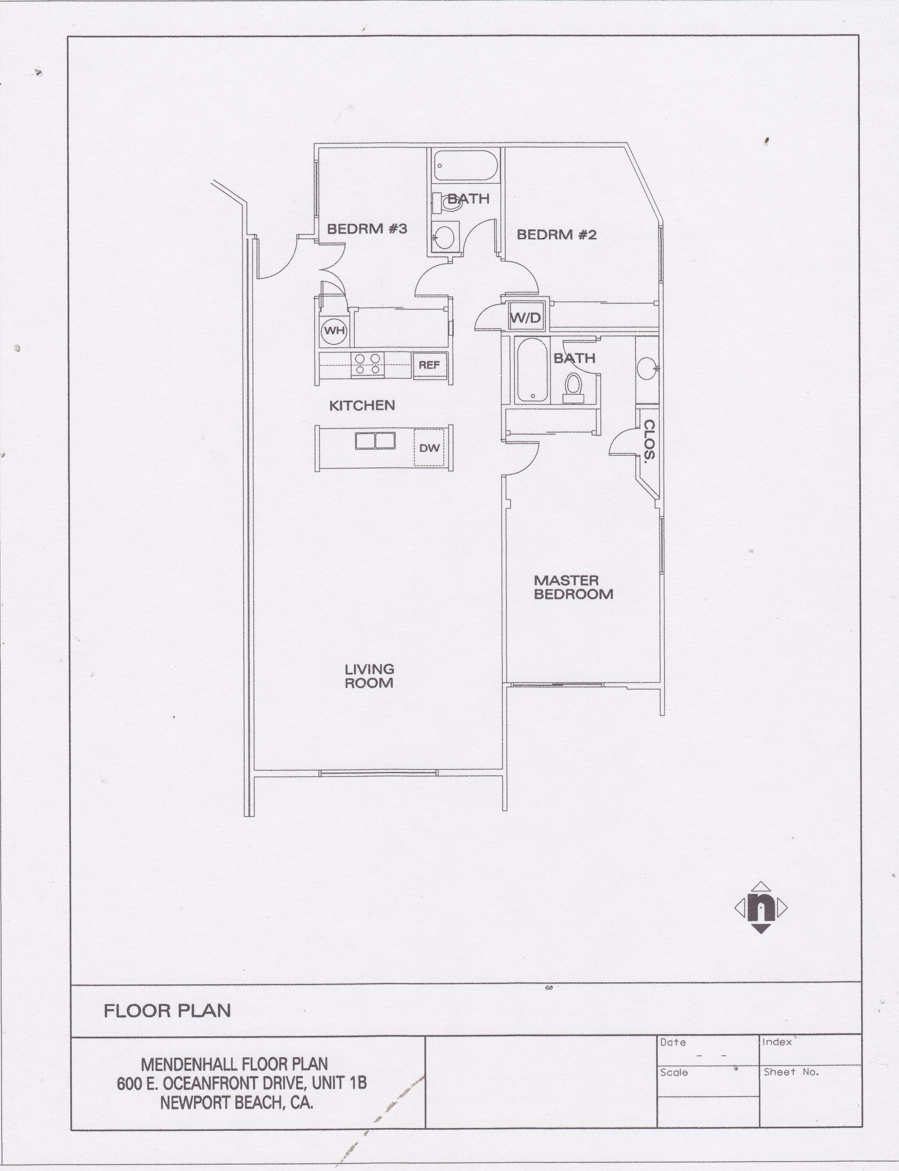 A floor plan of a residential property with a master bedroom, two bedrooms, a kitchen, a living room, and a bathroom.