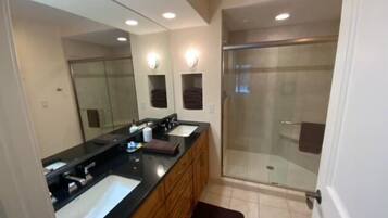 Combined shower/tub, hair dryer, towels