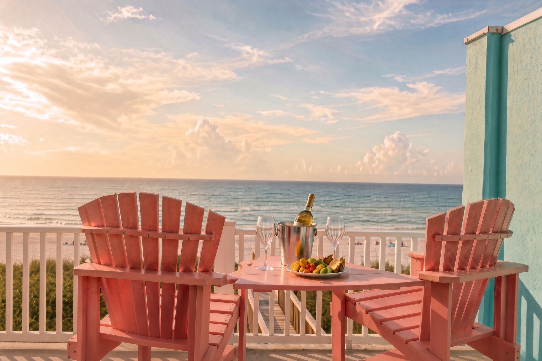 Een tafel met twee stoelen, een fles en een schaal fruit op een balkon met uitzicht op zee.