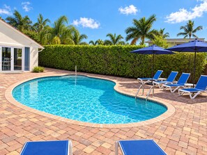 A swimming pool with a curved edge, surrounded by lounge chairs and umbrellas, and a hedge in the background.