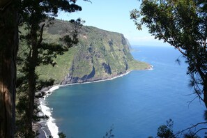 A coastal landscape with a steep cliff and a beach.