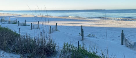 On the beach, sun loungers