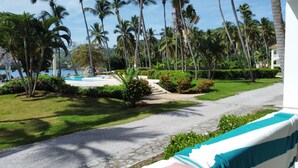 Un vialetto conduce a un’area piscina, circondata da palme e vegetazione curata.