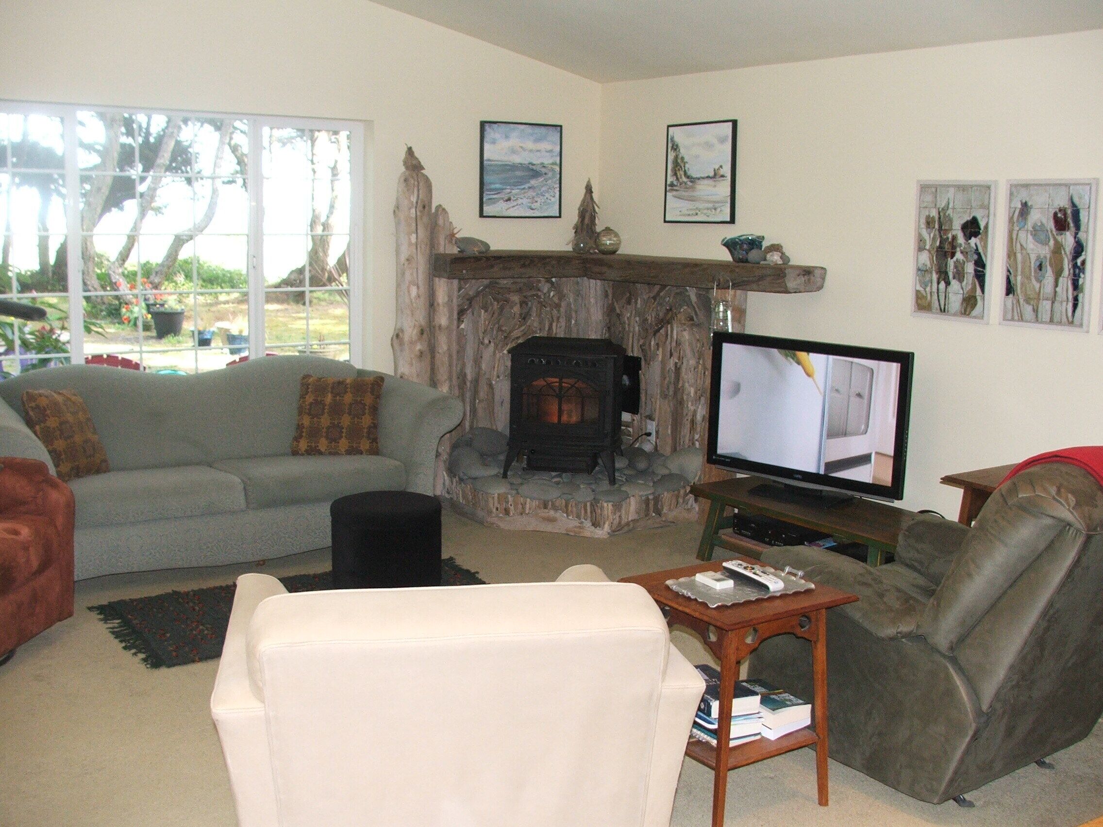 Smart-tv, eldstad, dvd-spelare och böcker