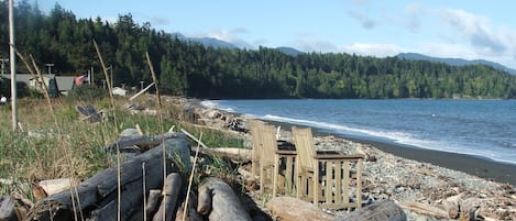 On the beach, sun-loungers, beach towels