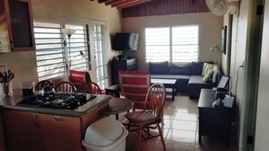 Una cocina compacta con estufa a gas, un lavamanos y una zona de comedor con sillas. Hay un sofá y un televisor en la sala.