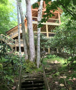 View of house and new decks from lower parking area