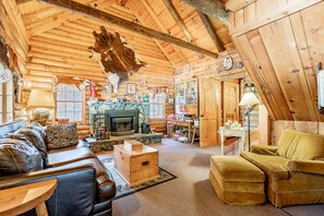 Fireplace, books, stereo