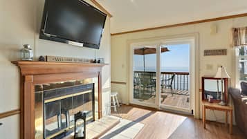 Smart TV, fireplace, DVD player, books