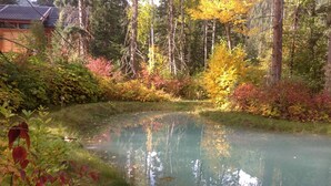 A serene pond surrounded by autumn foliage, with a wooden building in the background. - Revelation Valley Carriage House near Jasper National Park (Valemount)