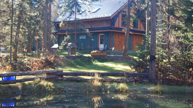 A cabin with a metal roof, surrounded by tall trees and a grassy area. - Revelation Valley Carriage House near Jasper National Park (Valemount)