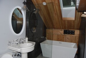 Bathtub, hair dryer, towels, soap
