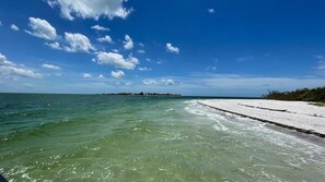A clear view of the ocean with a sandy beach and a distant island.