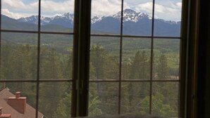 A view through a window with a grid pattern, featuring a mountainous landscape with snow-capped peaks and a forested valley below.