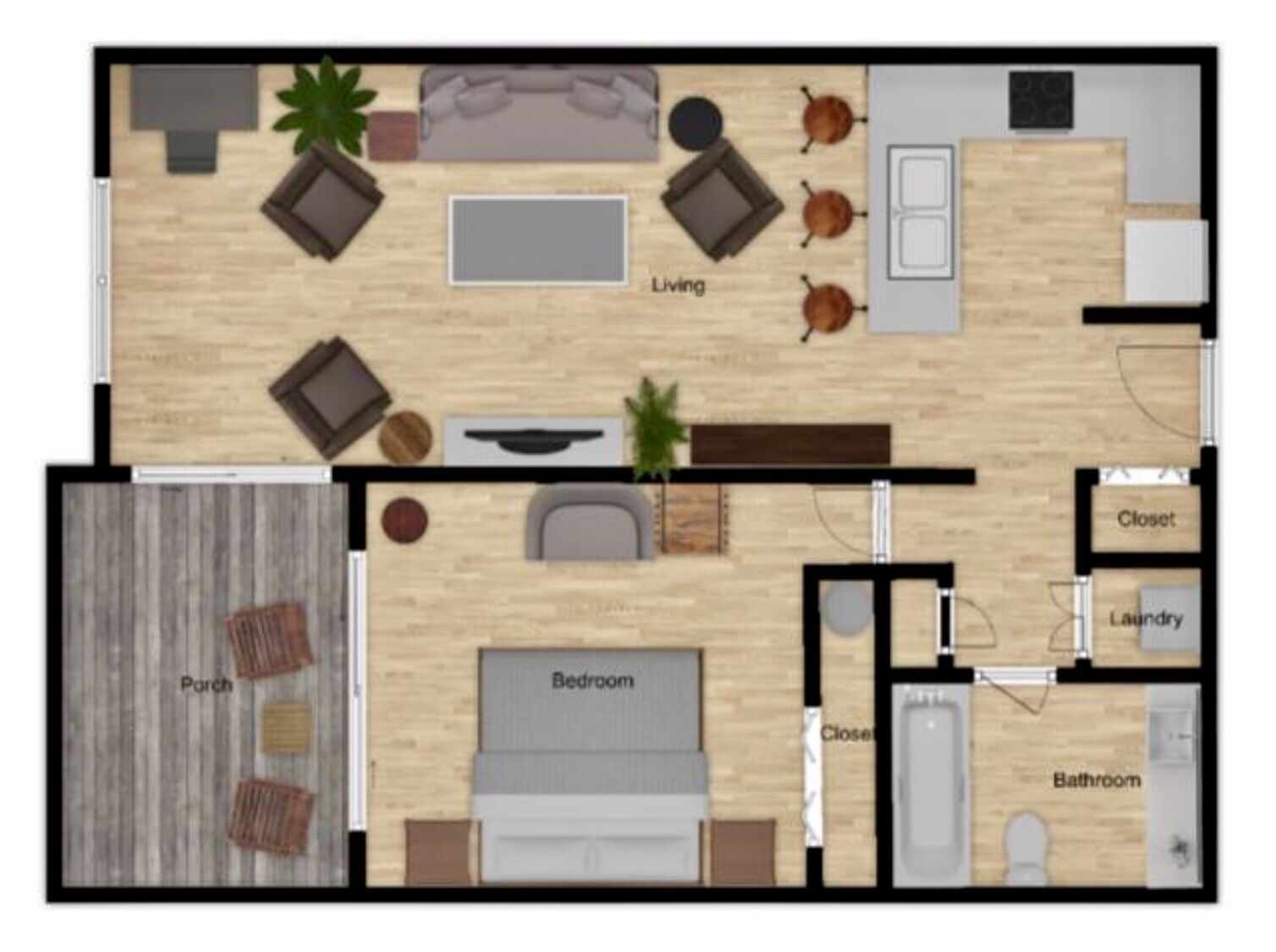 A 2-bedroom apartment layout with a living room, bedroom, bathroom, closet, and porch.