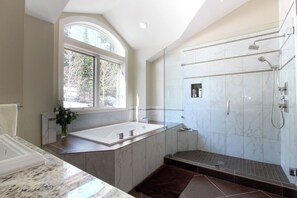 Combined shower/tub, jetted tub, hair dryer, towels