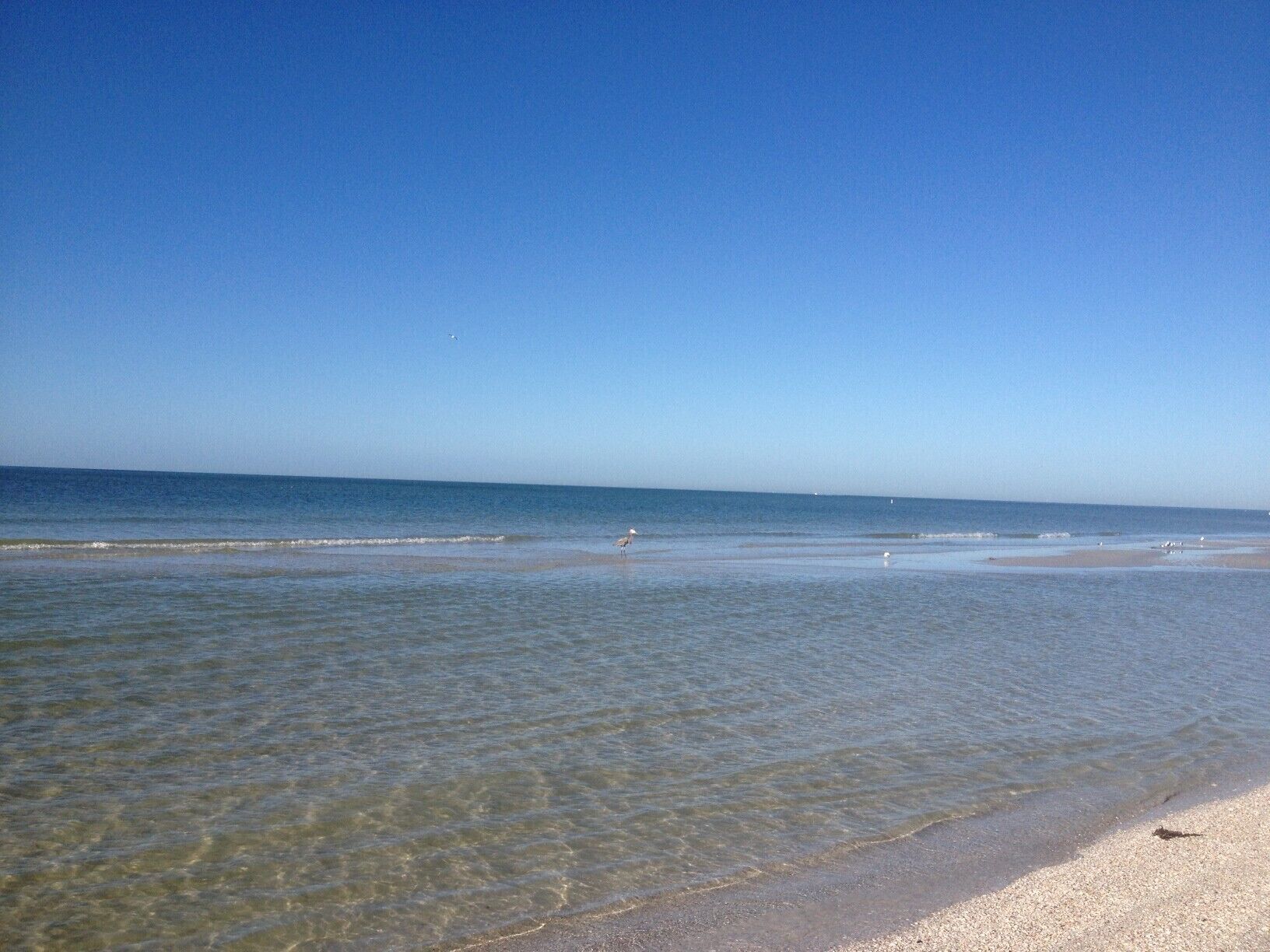 En strand med klart, lavt vand og en sandet kystlinje.