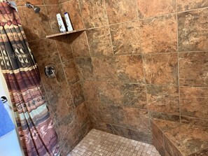 Combined shower/tub, hair dryer, towels