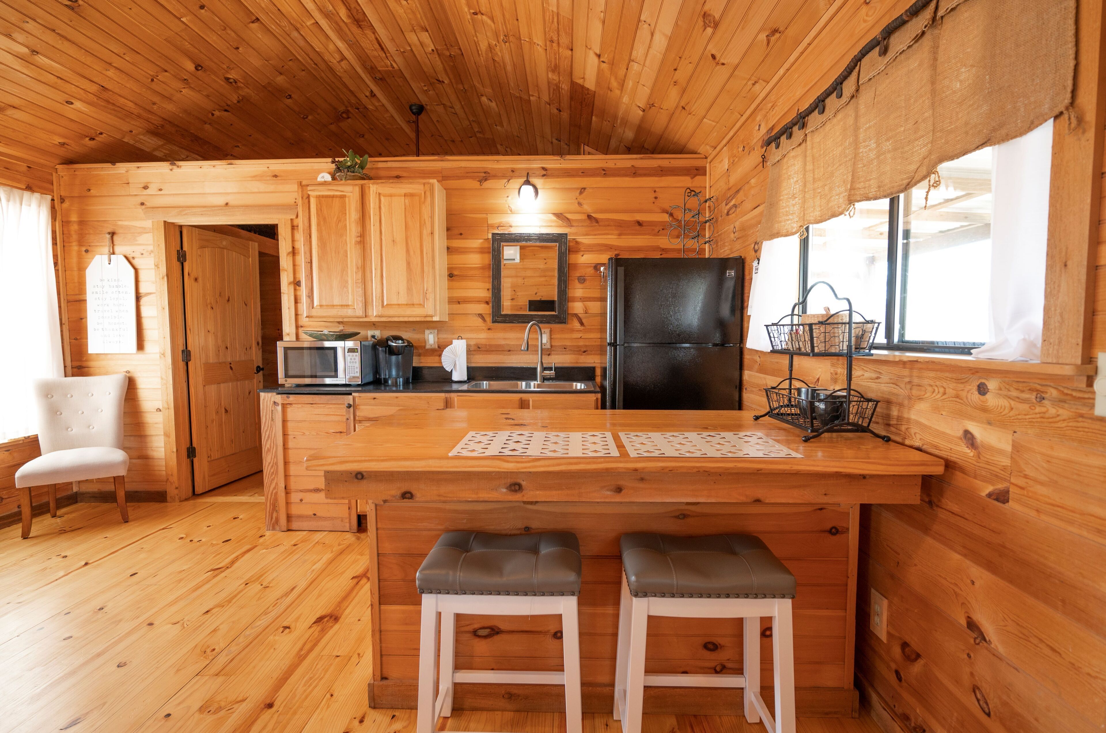 Fridge, microwave, coffee/tea maker, toaster