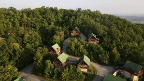 Un grupo de cabañas rodeadas de un bosque tupido, unidas por caminos serpenteantes.