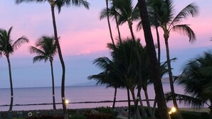 A sunset view with palm trees and a pathway leading to the beach. - Oceanfront 2BR_2BA Kihei Maui–Stunning Lanai Sunsets, Beach Front, Turtles! (Kihei)