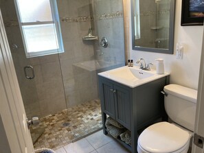 Shower, hair dryer, towels, shampoo