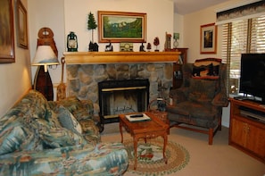 TV connectée, cheminée, livres