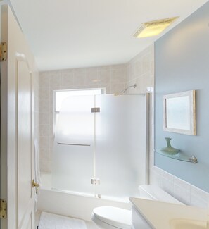 Combinazione doccia/vasca, asciugacapelli, asciugamani, sapone