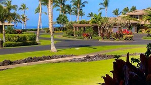 A resort with a well-maintained lawn, palm trees, and a view of the ocean.