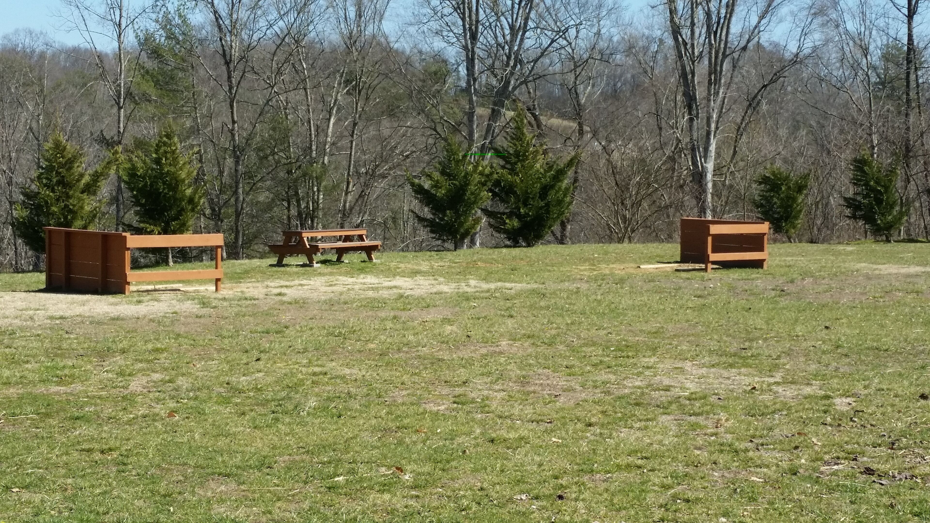 A grassy park area with three wooden benches and picnic tables.