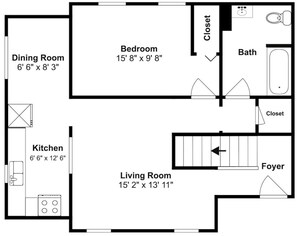 A floor plan with a dining room, kitchen, bedroom, bathroom, living room, and foyer. - Strip Location | Pet Friendly | Fire Pit (Geneva)