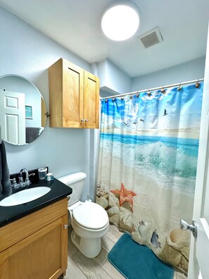 Combined shower/tub, hair dryer, towels, soap