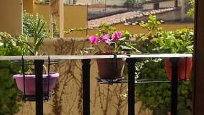 Un balcó amb plantes en testos i vista d'un edifici amb teulada aules.