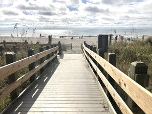 On the beach, sun loungers