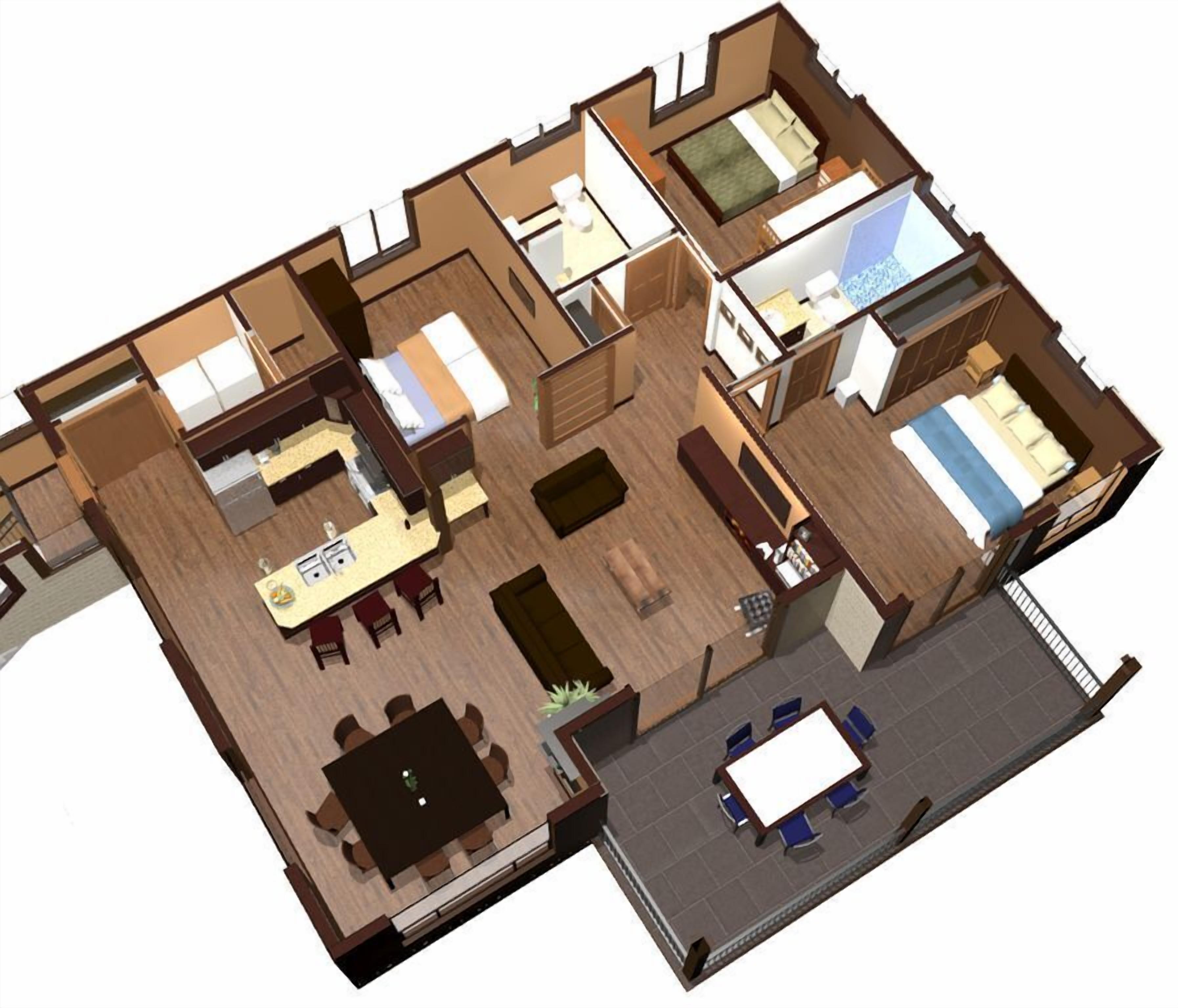 Plano de planta tridimensional de un hotel con varias habitaciones, un comedor y una pequeña zona de estar al aire libre.