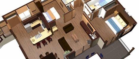 Plano de planta tridimensional de un hotel con varias habitaciones, un comedor y una pequeña zona de estar al aire libre.
