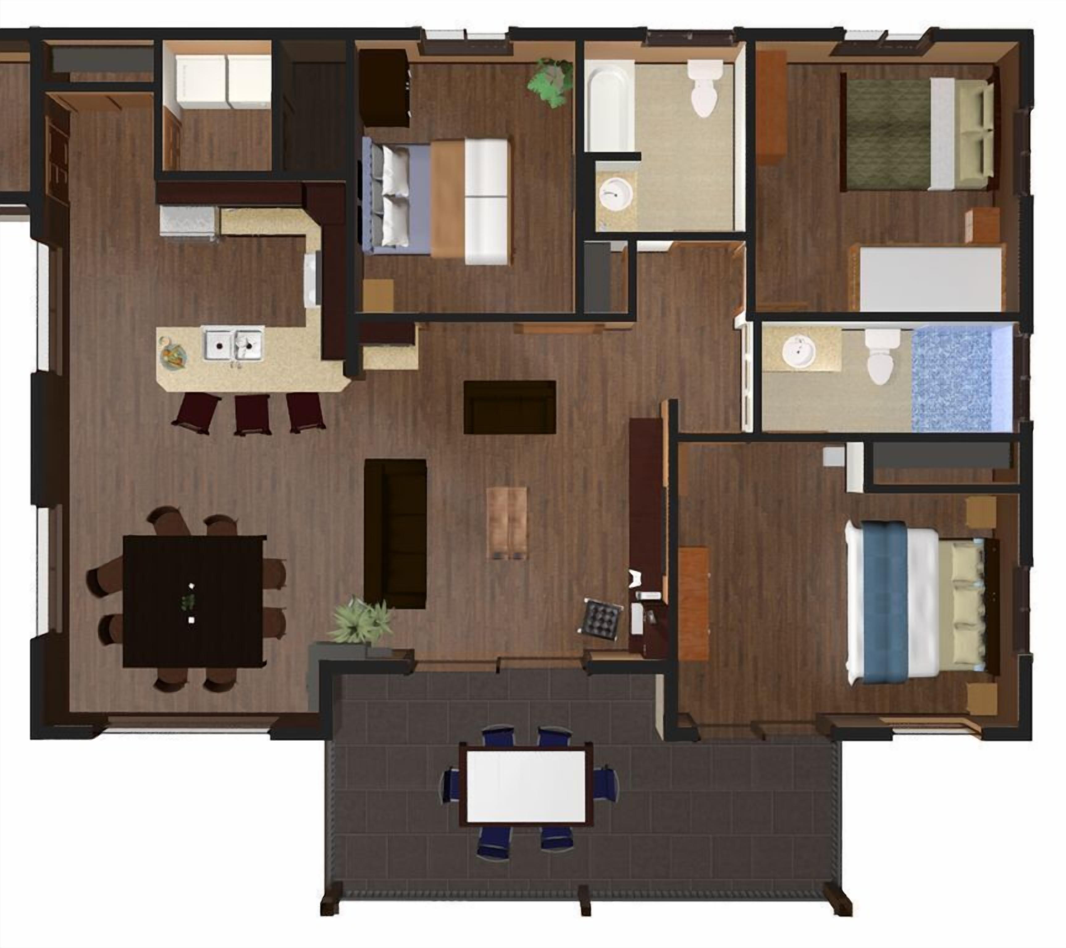 A hotel layout with a dining area, kitchen, two bedrooms, a bathroom, and a living room.