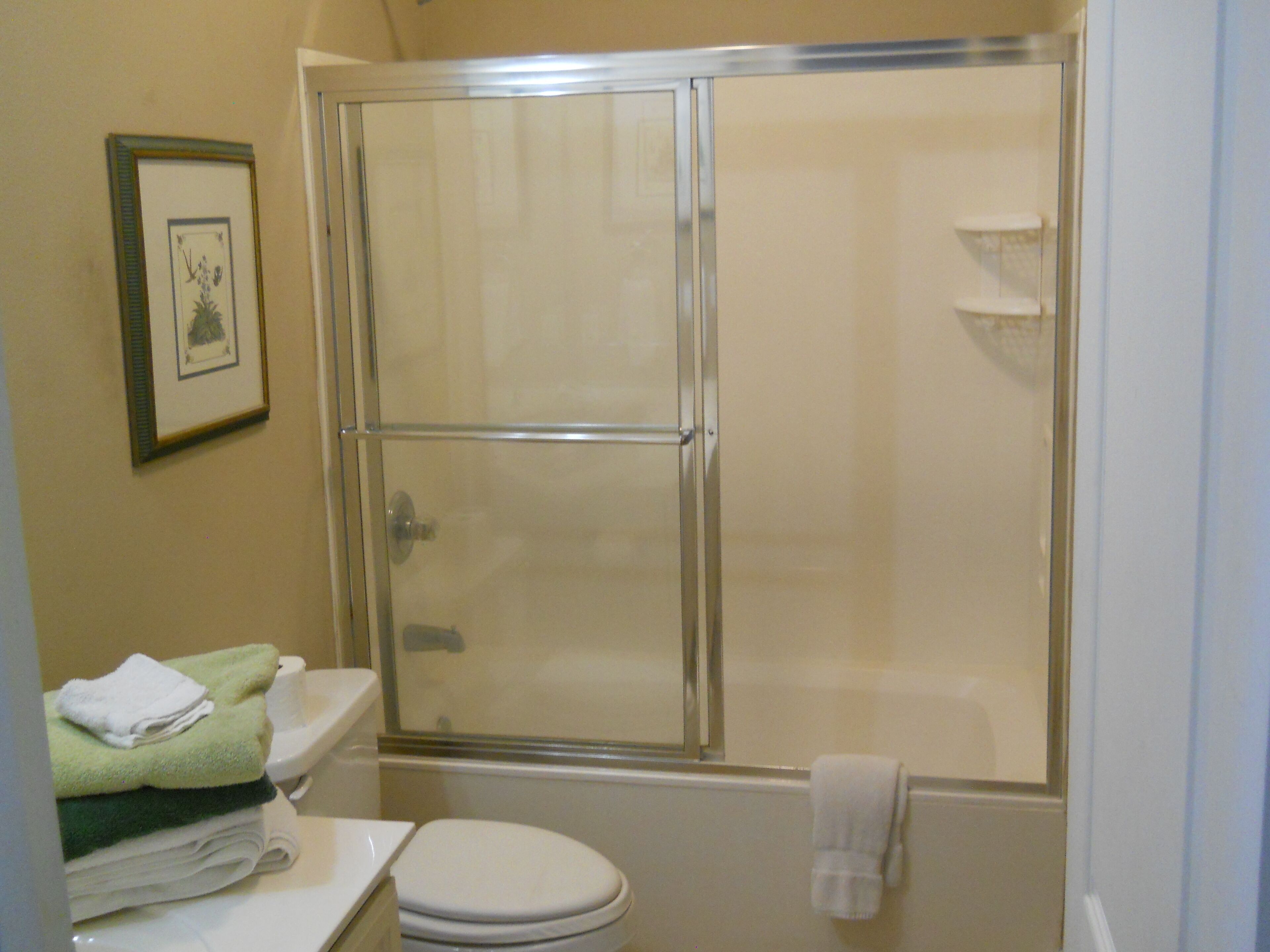 A bathroom with a glass-enclosed shower, a toilet, and a sink.