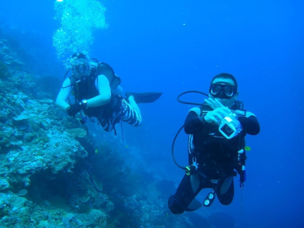 Two divers underwater with scuba gear, surrounded by marine life and coral formations.