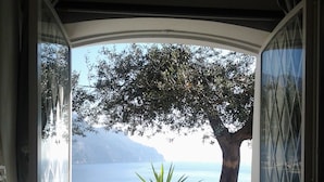 Ein Zimmer mit Meerblick, einer Topfpflanze und einem Tisch mit einer Schüssel.