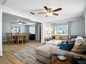 Smart TV, fireplace, video games, DVD player