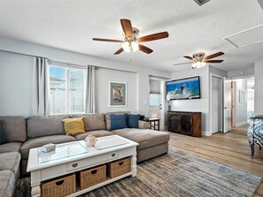 Smart TV, fireplace, video games, DVD player