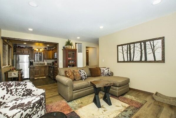 Smart TV, fireplace, books