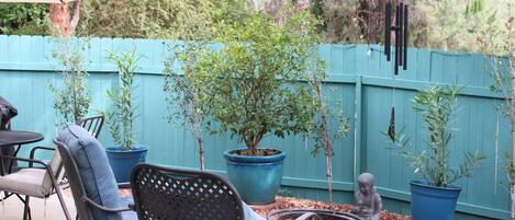 A patio area with outdoor furniture, a blue fence, and potted plants.